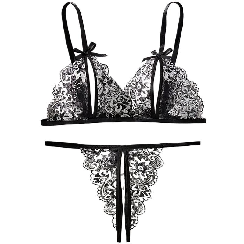 Lace Bralette Set - สีดําร้อน Crotchless ผู้หญิงเซ็กซี่ลูกไม้ชุดชั้นในโปร่งใส Push Up Sex