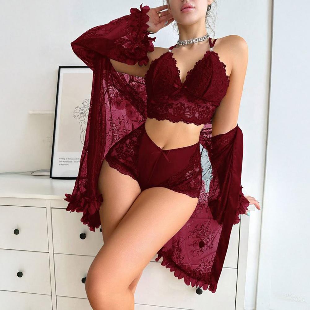 Sheer Mesh Bra - ชุดนอนซีทรูเซ็กซี่สำหรับผู้หญิง, เสื้อคลุมกิโมโนลูกไม้พร้อมบราและกางเกงใน, ชุดนอนตาข่ายโปร่งแสงสามชิ้นสำหรับสุภาพสตรี